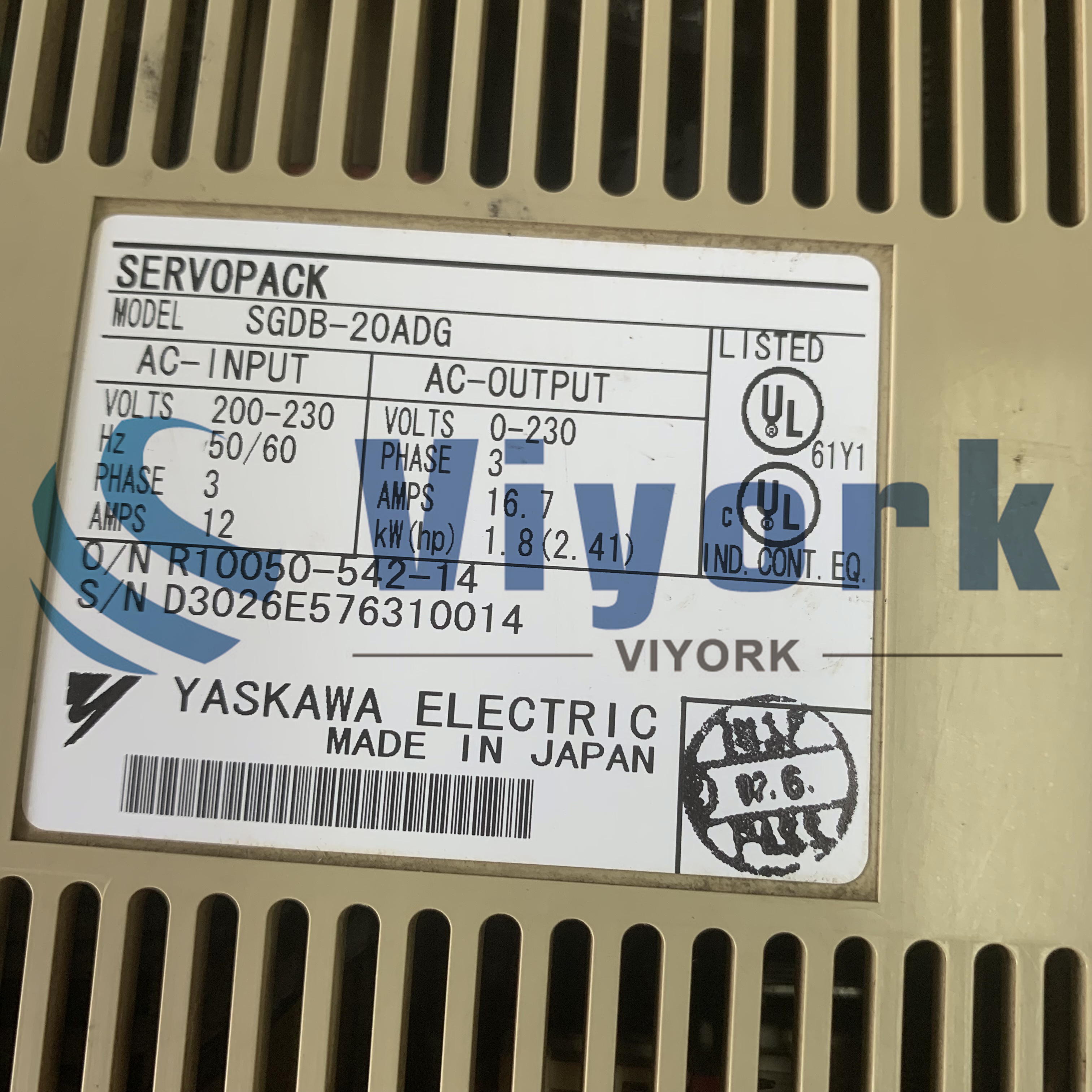 Yaskawa SGDB-20ADG SERVO AMPLIFIER 16.7 AMP / 1.8KW 200-230VAC